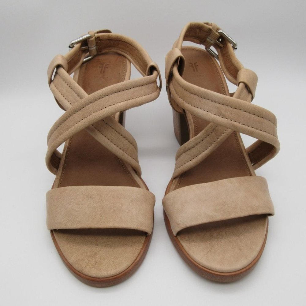 FRYE women's Dani cream leather cross strap‎ stacked heel sandals 10